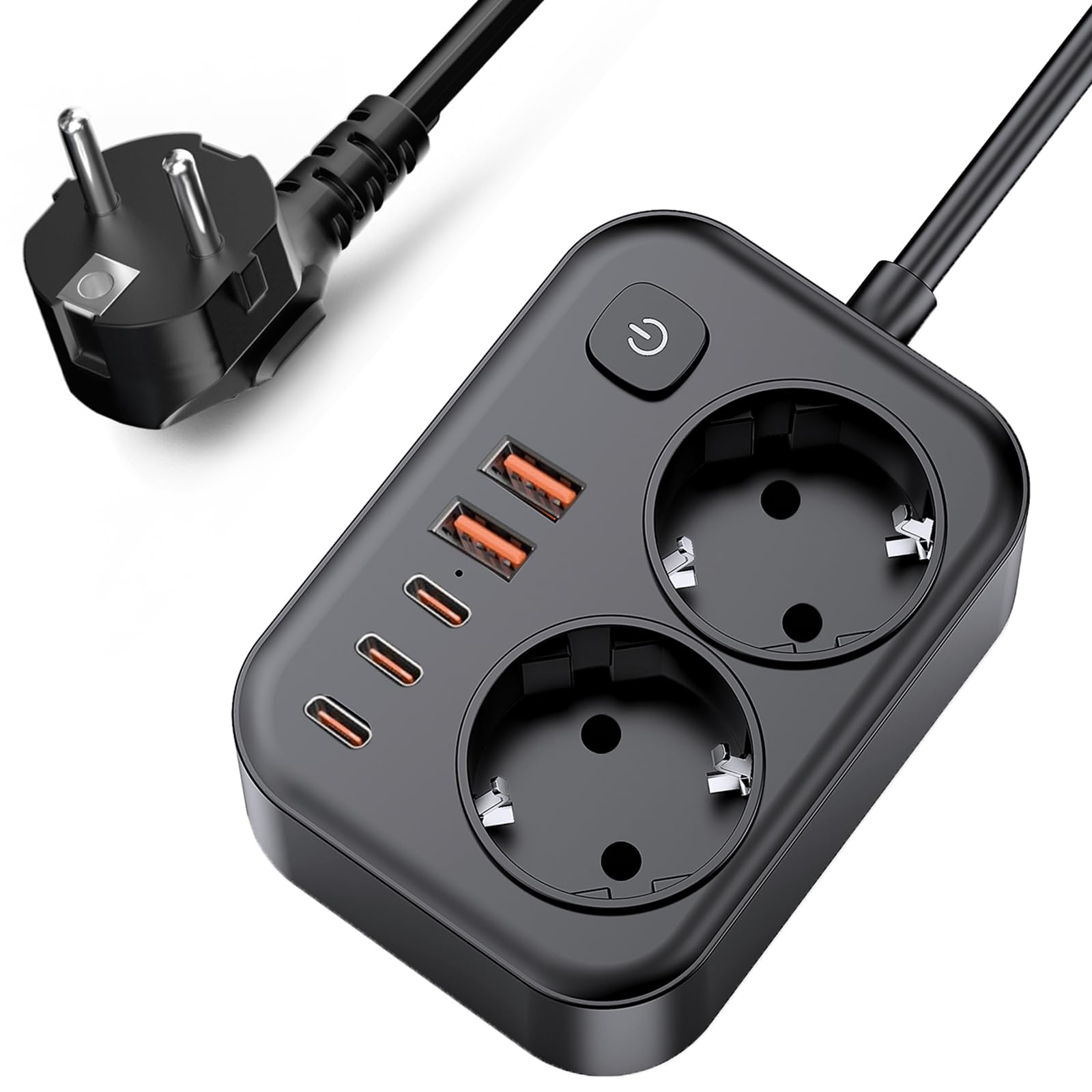 Regleta Enchufes 7-en-1 con USB-C Carga Rápida y Protección Sobretensión, 2 Enchufes con Interruptor y 5 Puertos USB(3 USB-C&2 USB-A)