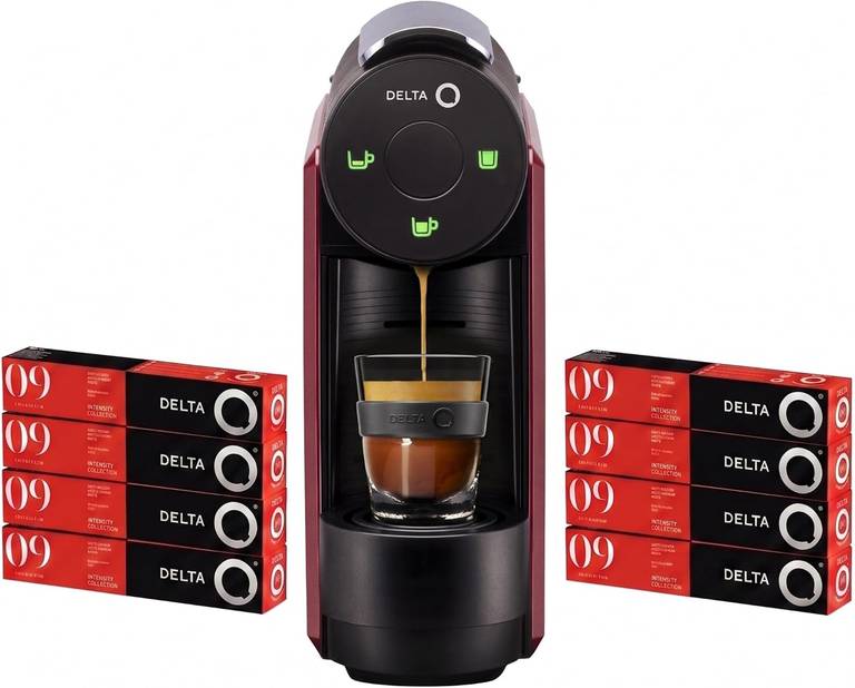 Delta Q – [ PACK CAFETERA + 80 CAPSULAS ] – Mini Qool Roja – Para Cafés, Té y Bebidas Calientes –