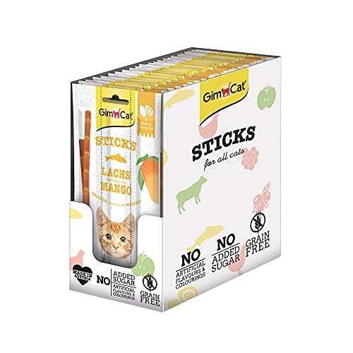 GimCat Superfood Duo-Sticks salmón y mango - Suave snack para masticar, alto contenido de carne y vitaminas - 24 paquetes (24 x 3 sticks)