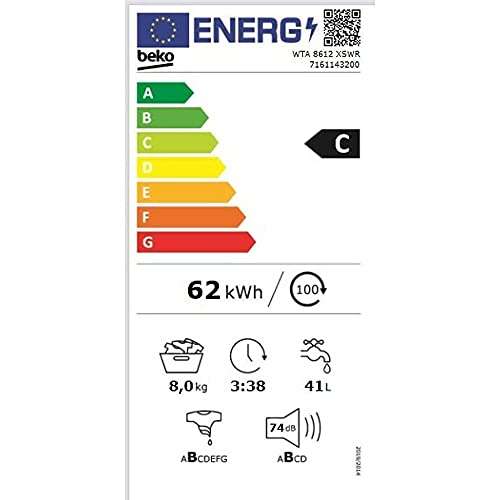 Beko Lavadora de carga superior, Wta8612 X SWR Clase de eficiencia energética C, 8 Kg, 1200Rpm