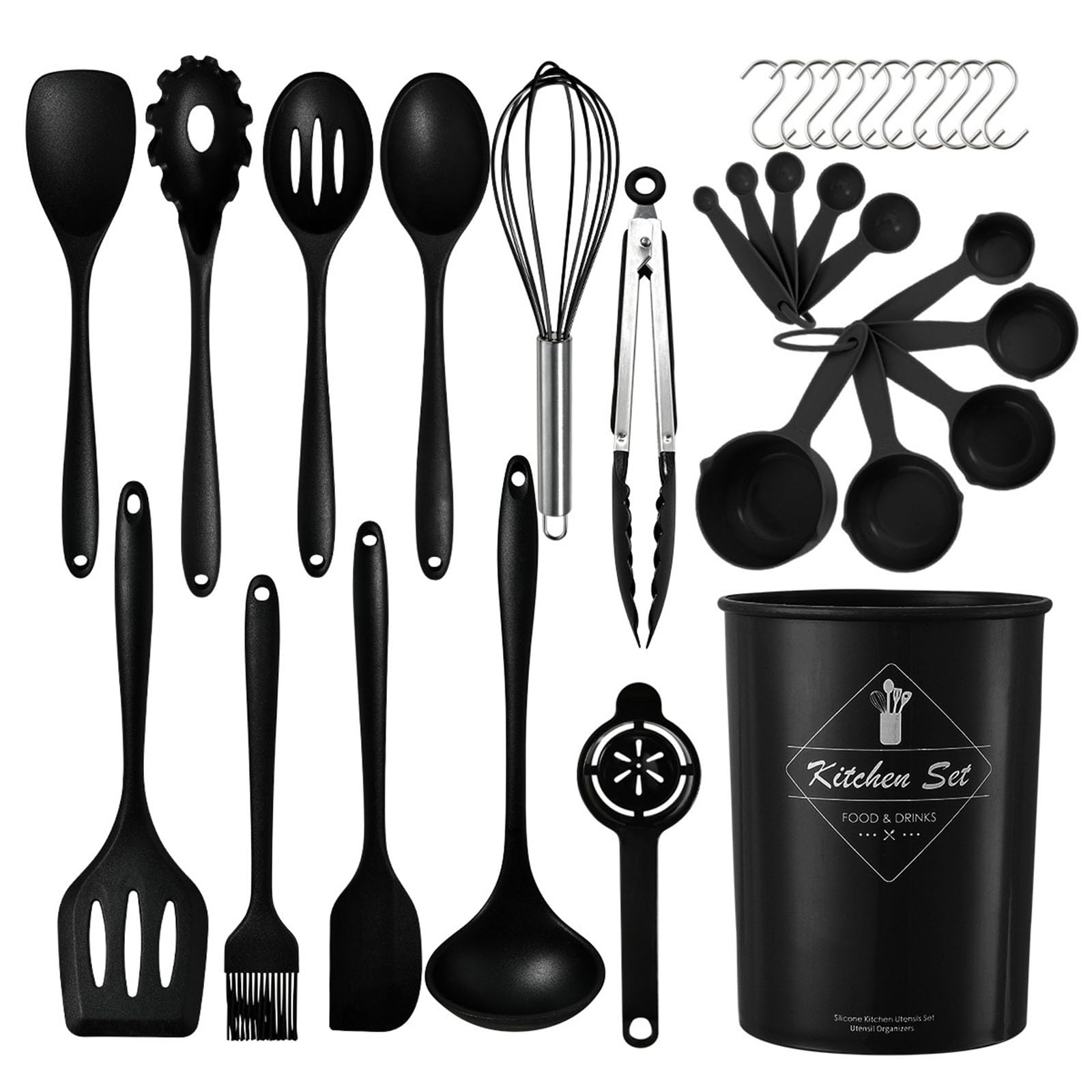 Juego de utensilios de cocina de silicona (32 piezas) con mango de acero inoxidable resistentes al calor (sin BPA)