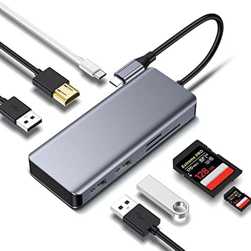 Hub USB-C 7 en 1, Adaptador Multipuerto con HDMI 4K, 2 USB 2.0 + 1 USB 3.0, Lector tarjetas SD/TF (HUB USB-C 9 en 1, 19,99€)