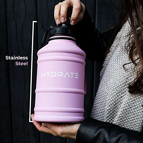 HYDRATE Botella de agua de acero inoxidable de 2,2 litros, color rosa claro, botella de agua de metal sin BPA , práctica correa ...