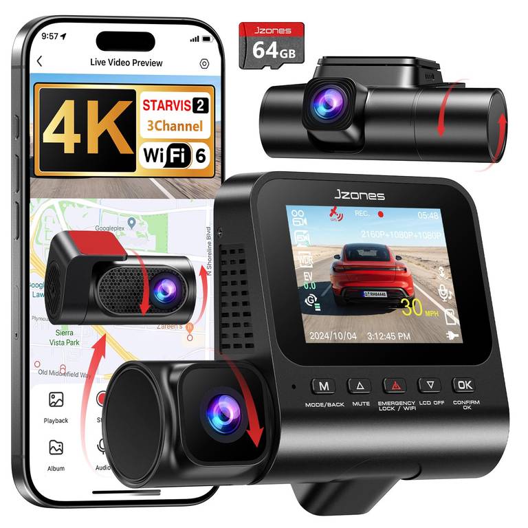 3 Canales Dashcam Cámara Coche 4K STARVIS 2 y HDR – Camara vigilancia Coche 4K Frontal