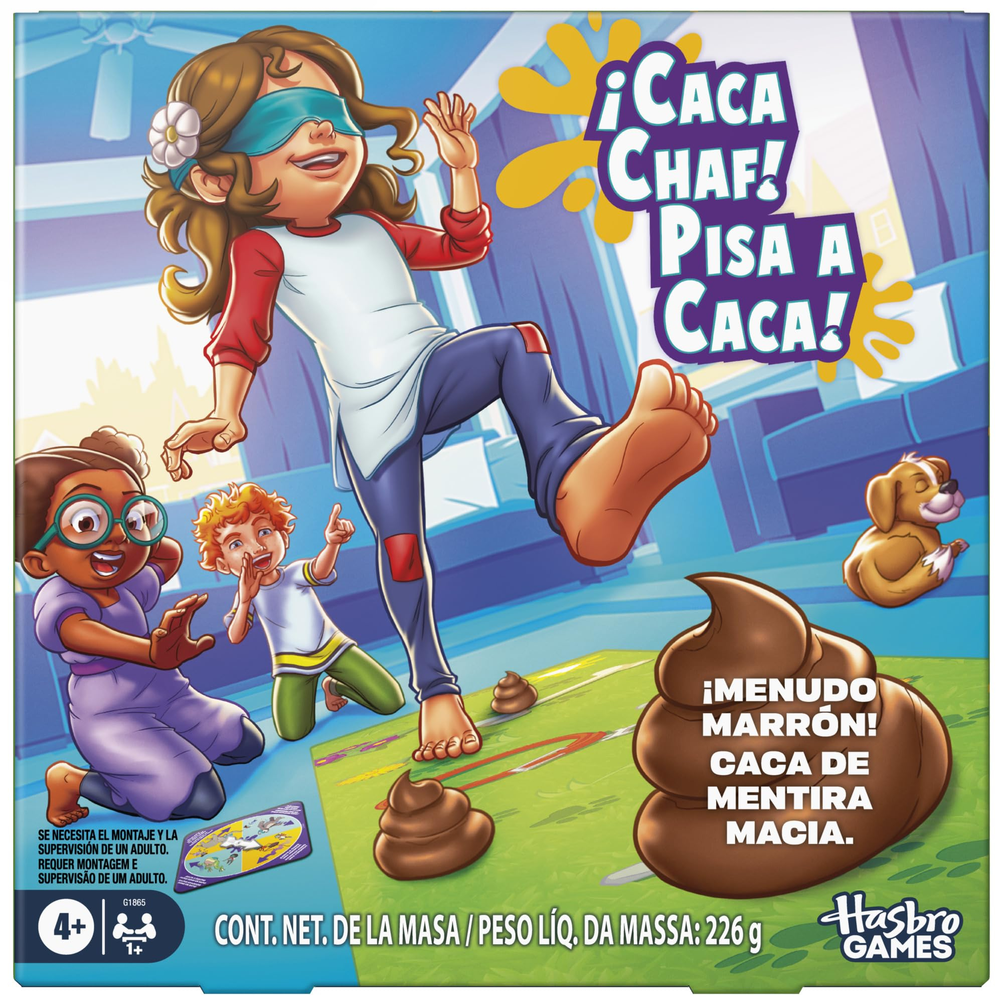 Hasbro Gaming Juego Preescolar ¡Caca Chaf!, Juegos Infantiles de esquivar Caca con los Ojos vendados, Ruleta con Movimientos de Animales.
