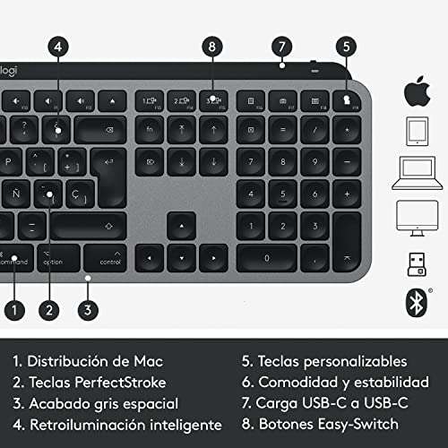 Logitech MX Keys Advanced Teclado Inalámbrico con Retroiluminación para Mac y iPad, y Funcionalidad Adaptativa- COMO NUEVO REACO