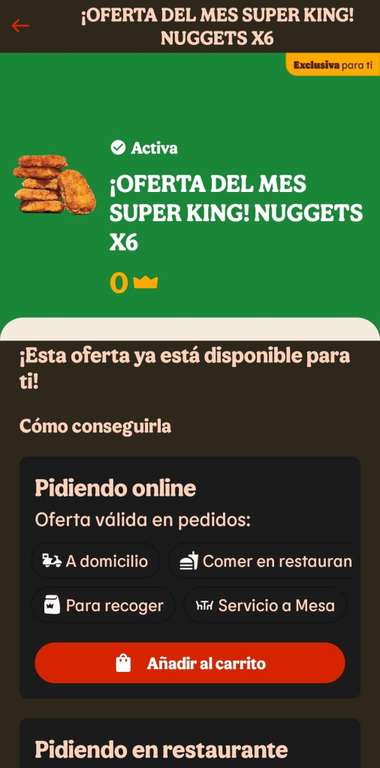 6 nuggets GRATIS. Sólo en app por ser SUPERKING