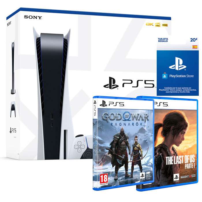 Consola Sony PS5 + Juegos God Of War: Ragnarok,The Last Of Us: Parte 1 + Tarjeta 20€ PS Store