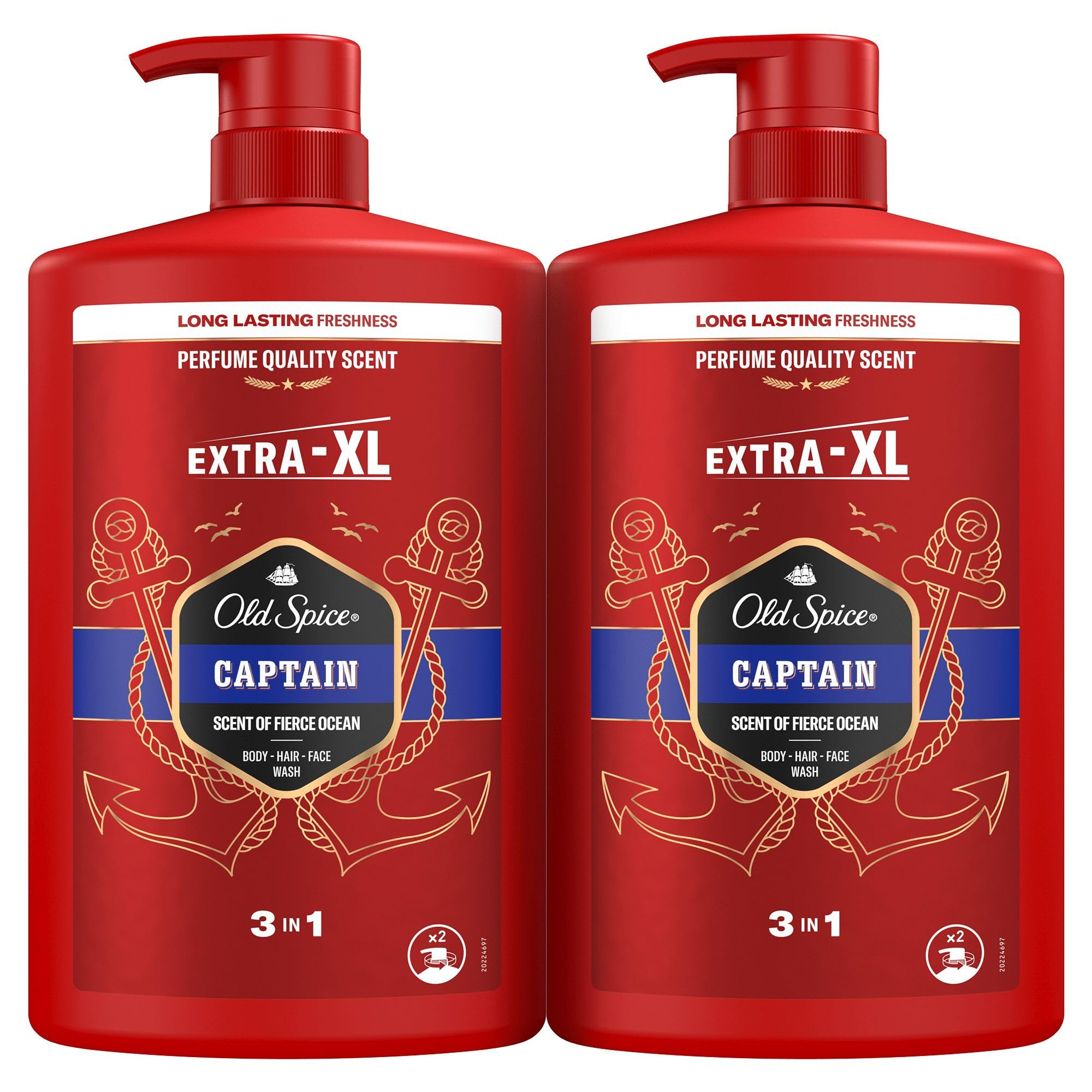 Old Spice Captain Gel de Ducha y Champú 3en1 para Hombre, 2x1L.