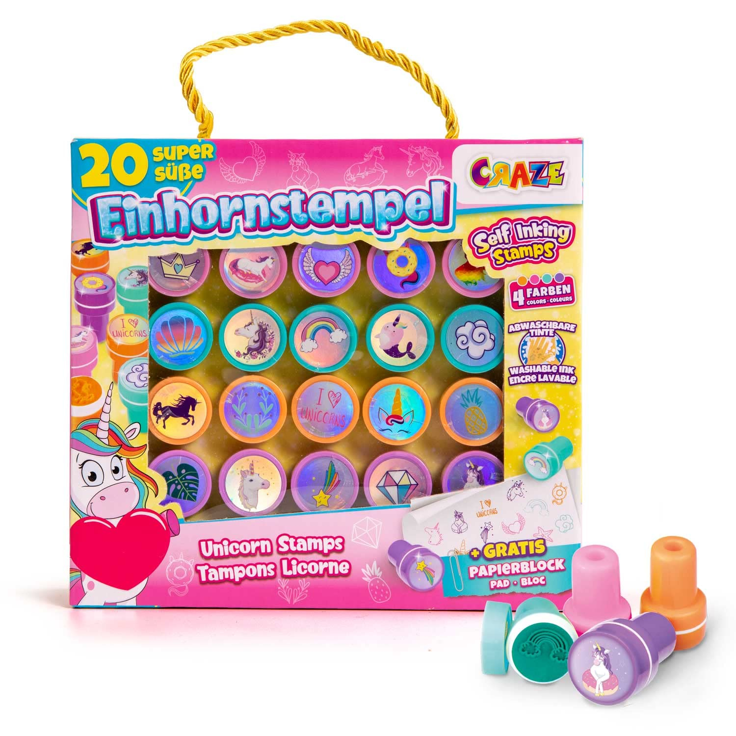 CRAZE TIERSTEMPEL, 20 Sellos de Unicornios para niños, Sellos infantiles de colore, 6 Colores Disponibles, Incluye Bloc de Notes para pintar