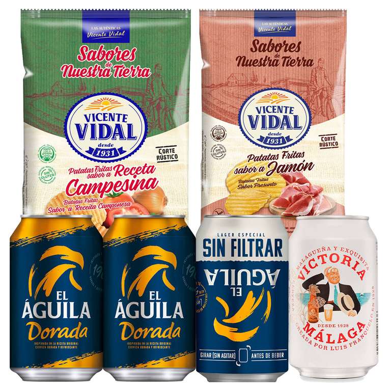 Megapack 12 productos: Patatas Vidal + Jumpers + Aspil + Cervezas El Águila + Cerveza Victoria