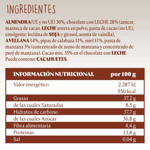 El Almendro, 4 x Barritas de almendra y chocolate con leche, barritas Energeticas, 100 Gr