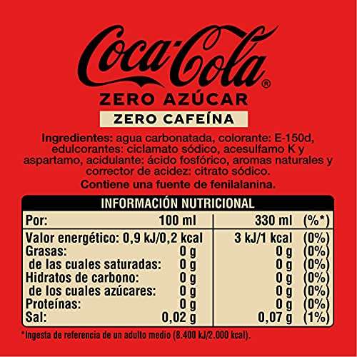 Coca-Cola Zero Azúcar Zero cafeína - Refresco de cola sin azúcar, sin calorías, sin cafeína - Pack 24 latas 330 ml