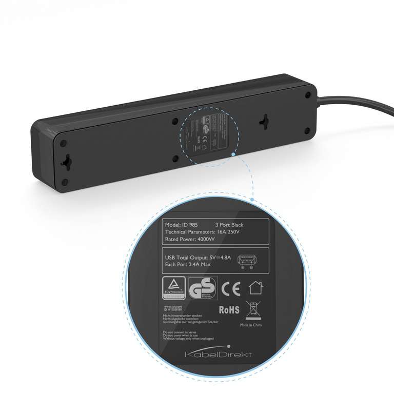 KabelDirekt – Regleta Triple Cargador USB Triple 4,8A, Carga hasta 4000W, 250V 16A, Certificado GS y TÜV, protección niños y sobretensión,