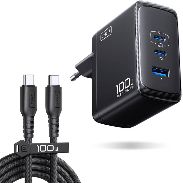 INIU Cargador USB C GaN 100W, 3-Puertos Cargador Rápido Compacto con Cable USB C de 100W 1.5m