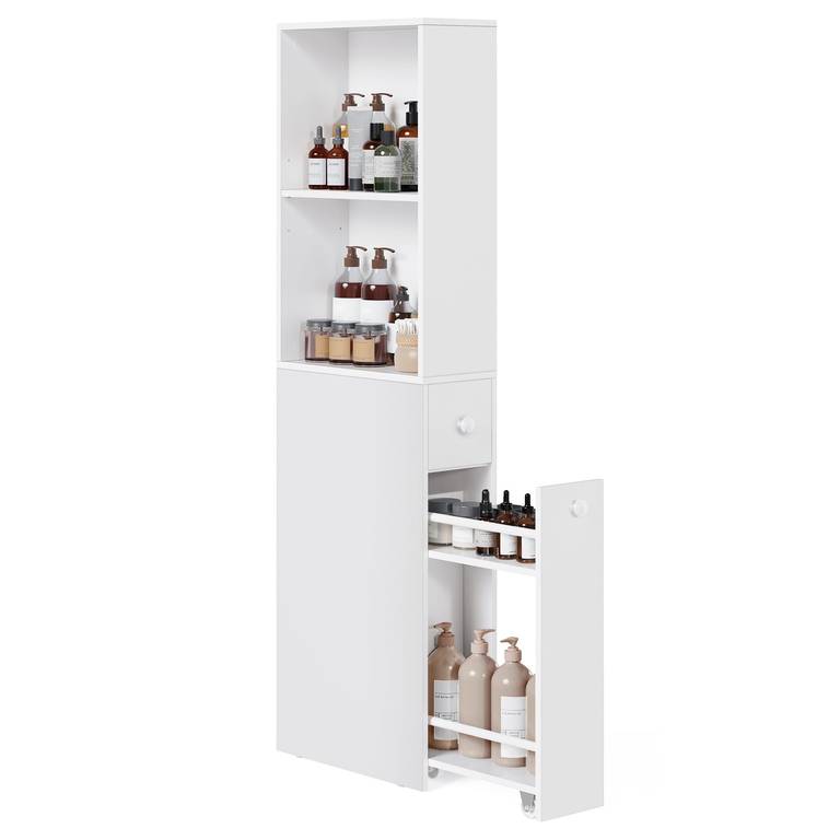 Armario de Baño Alto Estrecho con Cajones y Estante Ajustable, Mueble Auxiliar Blanco Moderno