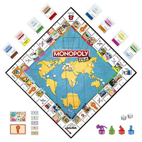 Monopoly Viaja por el mundo - con peones-cuños y tablero borrable, juego de mesa para toda la familia, +8 años