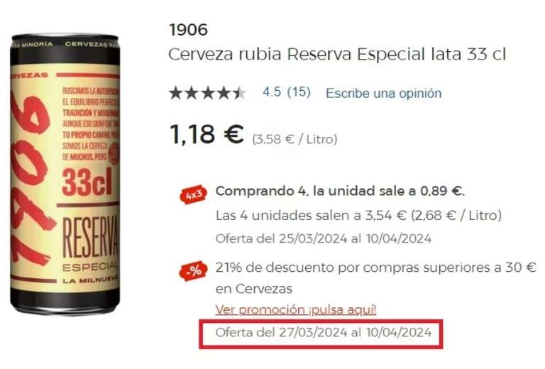 1906 Cerveza rubia Reserva Especial lata 52 x 33 cl. [0,603€/lata]