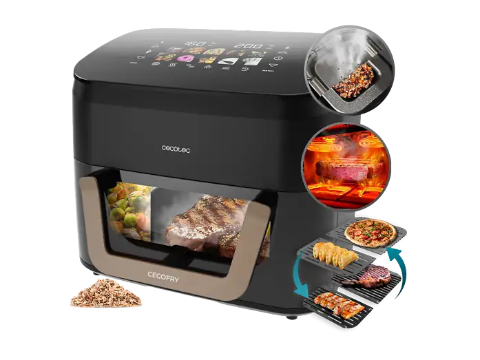 Freidora de aire - Cecotec Cecofry&Grill Smokin' 11000, 2900 W, 11 L, Triple grill, Ahumador, Temperatura dual, Negro