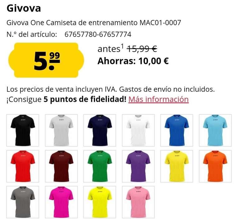 Camiseta de entrenamiento GIVOVA (16 colores, todas las tallas)