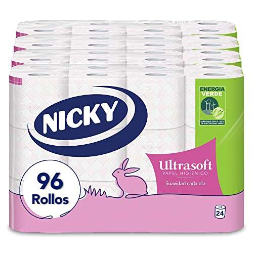 Nicky Ultrasoft Papel Higiénico | 96 rollos | 2 capas, 140 servicios/rollo | Aroma a talco | 100% certificado FSC [0'21€/ud]