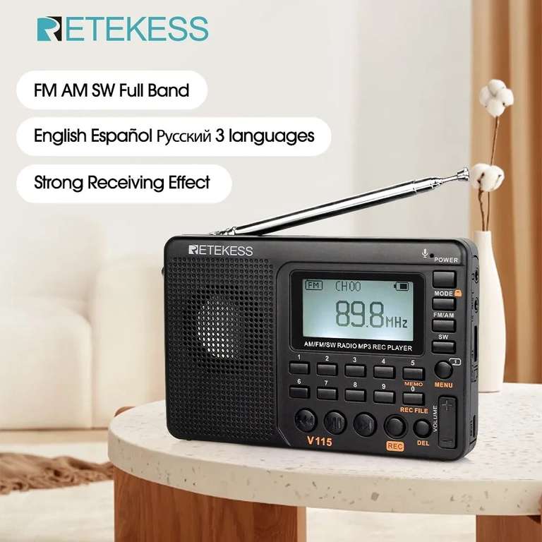 RETEKESS V115 Radio FM AM SW portátil, Radio de onda corta recargable, baterías de onda completa, grabadora USB, altavoz
