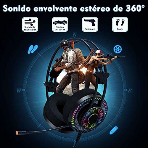 Umi Cascos Gaming Diadema, Auriculares con Microfono Luz RGB USB & 3.5mm Cable, Cascos Gaming PC PS4 Switch Xbox - Negro