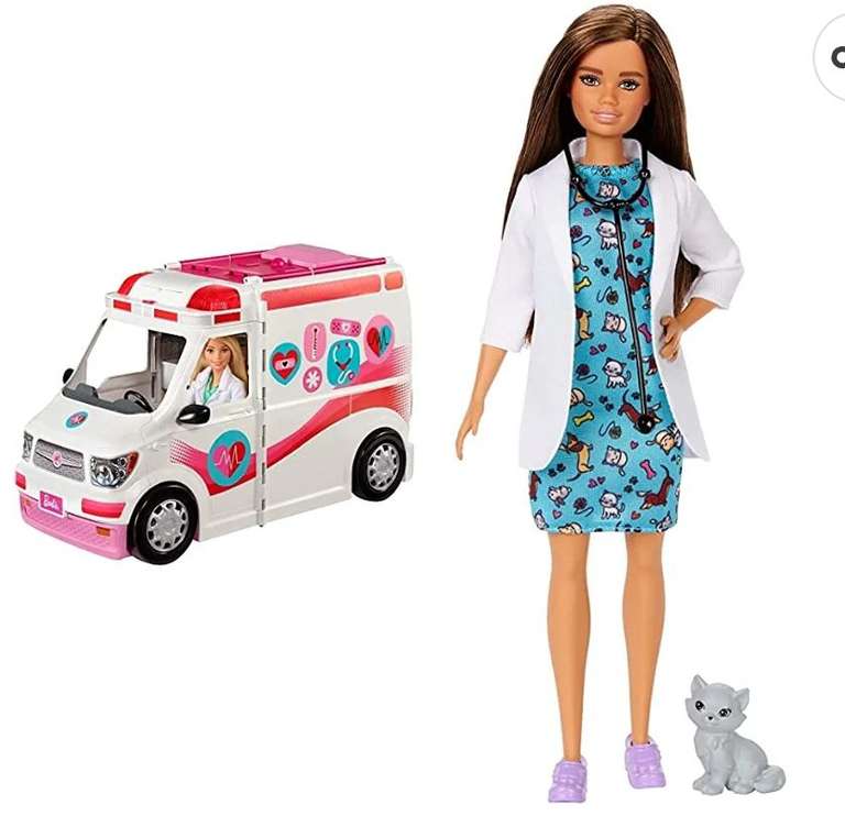 Barbie Ambulancia Hospital 2 En 1, Accesorios De Muñecas (Mattel Frm19) + Quiero Ser Muñeca Veterinaria Morena con Bata Médica, Y Gatito