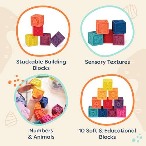 Battat B. toys – One Two Squeeze Blocks – Juguetes educativos para bebés +6 meses – 10 bloques suaves apilables