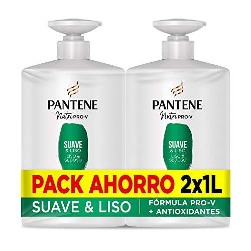 2x1 litro Pantene Champú Suave & Liso Nutri Pro-V, fórmula Pro-V + antioxidantes, cabello encrespado y rebelde, con vitamina
