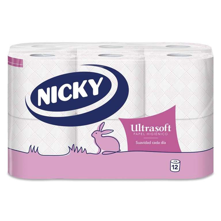 Nicky Ultrasoft Papel Higiénico. 12 Rollos, 140 Hojas de 2 Capas, Aroma Talco, Dermatológicamente Testado, Celulosa 100% Pura (+ en descrip)
