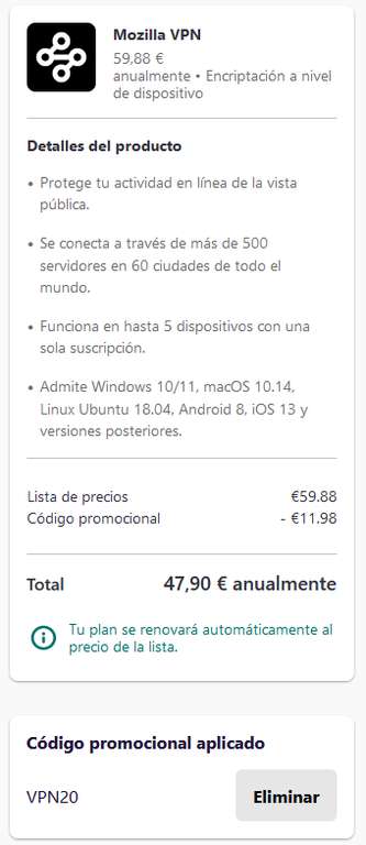 Codigo Promocional 10% Descuento + 50% Descuento por Oferta Base en Mozilla VPN
