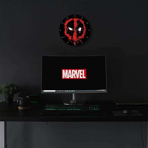 Reloj de pared Marvel, Deadpool, vidrio, manecillas metalicas pintadas, silencioso, licencia oficial (30,5cm)