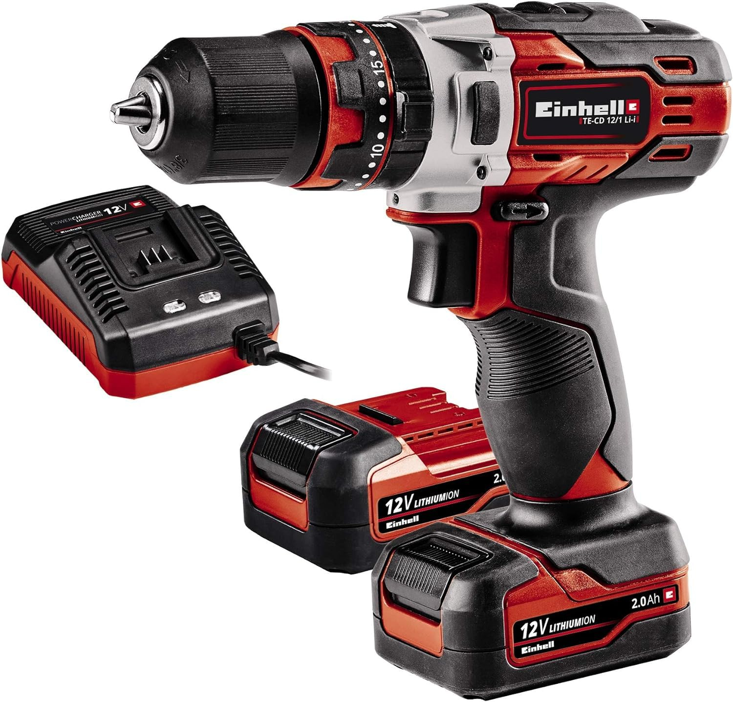 Taladro Percutor Einhell TE-CD 12/1 Li-i, 12V con 2 Baterías 2,0Ah, 2 Velocidades, 22 Niveles de Par, LED y Maletín