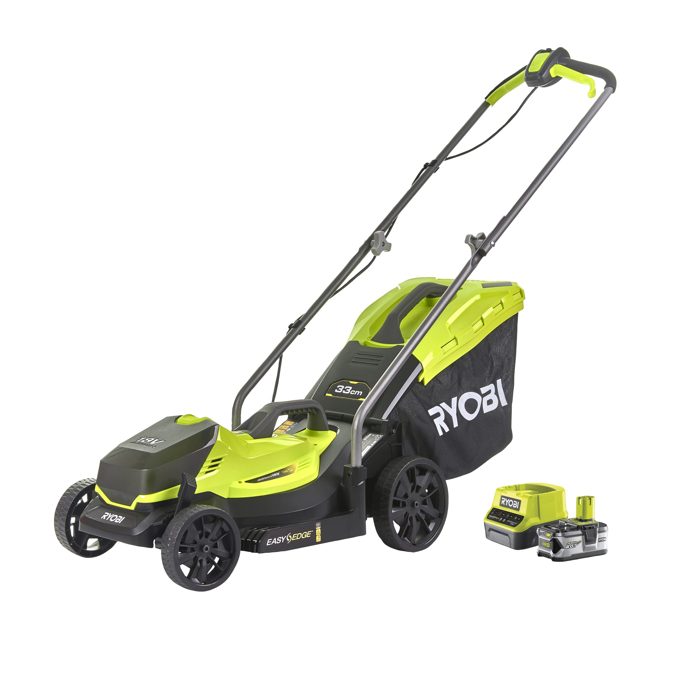 Cortacésped Eléctrico Inalámbrico 18V One+ Ø33cm - Recoge y Mulching - Larga Autonomía - Se Entrega con 1 Baterías 4,0Ah y 1 Cargador 2,0A
