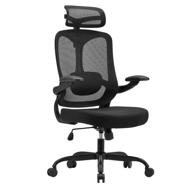 Silla de oficina ergonómica con respaldo de malla, soporte lumbar ajustable, reposacabezas y reposabrazos abatibles (negro)