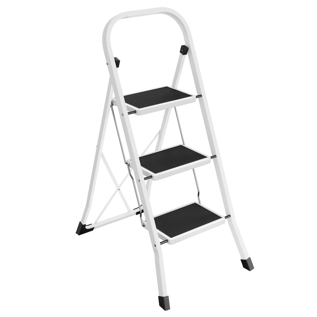 SONGMICS - Escalera de Tijera, Escalera con 3 Peldaños, Peldaño Plegable, Bloqueo de Seguridad, Fácil de Guardar, Carga hasta 150 kg, Blanco