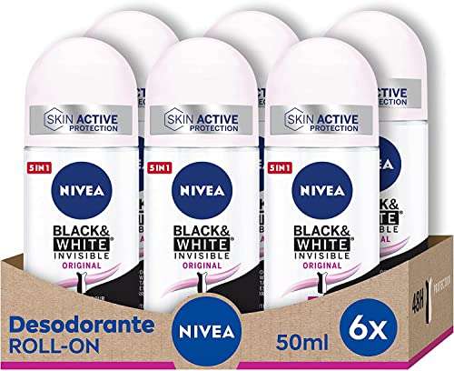 NIVEA Black & White Invisible Original Roll-on en pack de 6 (6 x 50 ml) [1'19€/ud]