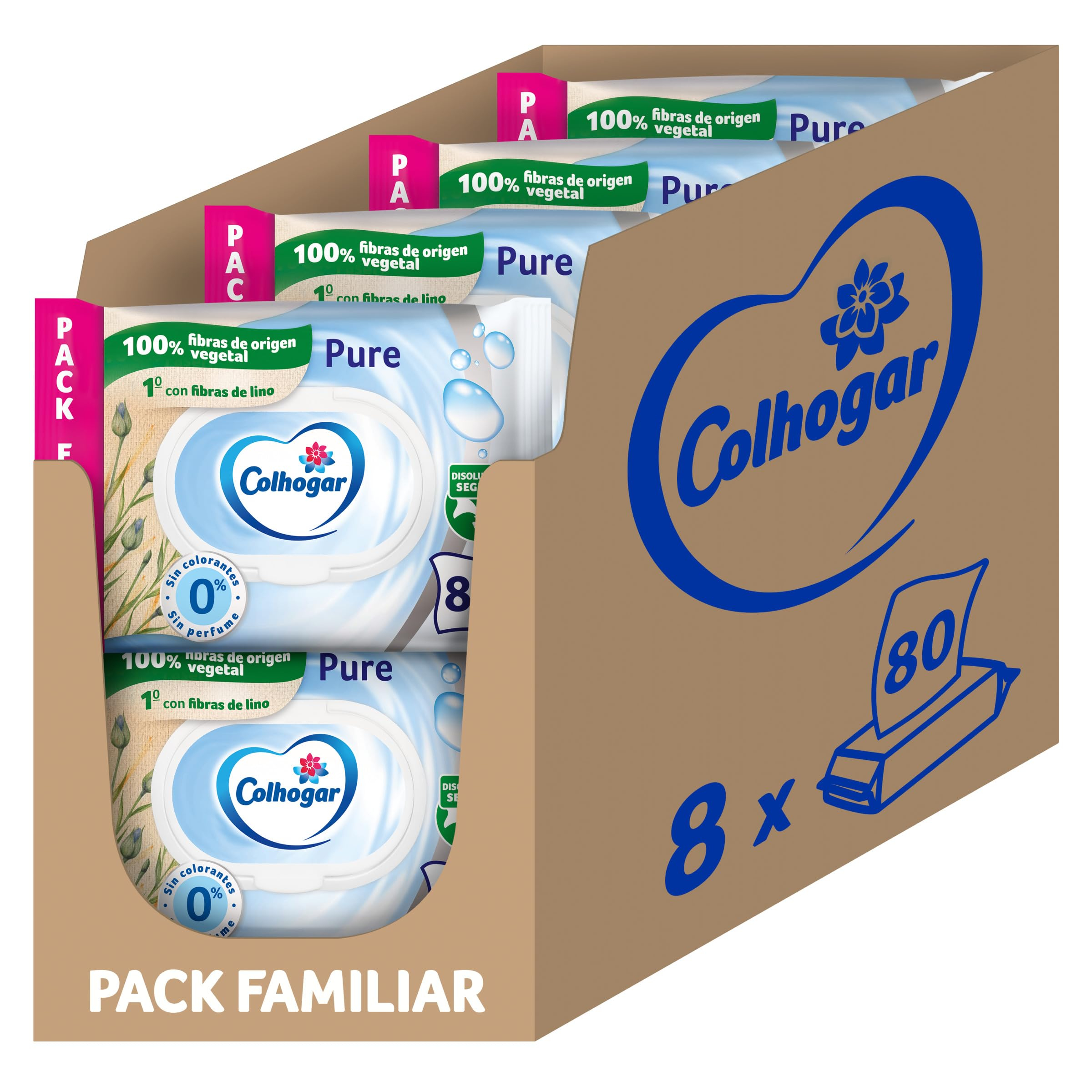 Colhogar Pure Moist x640 (8 X 80) - Papel Higiénico Húmedo Desechable - Sin Alcohol - Pieles Sensibles - Dermatológicamente Testado