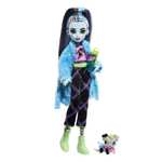 Monster High Fiesta de Pijamas Frankie Stein Muñeca articulada con Pijama, Mascota y Accesorios