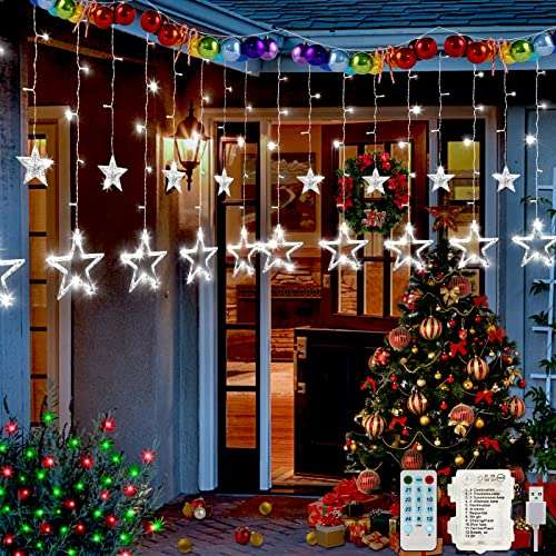 138 LED Luces de Navidad Cortina de Estrella Guirnalda de Luces de Cadena Estrellada con Función de Ritmo Musical
