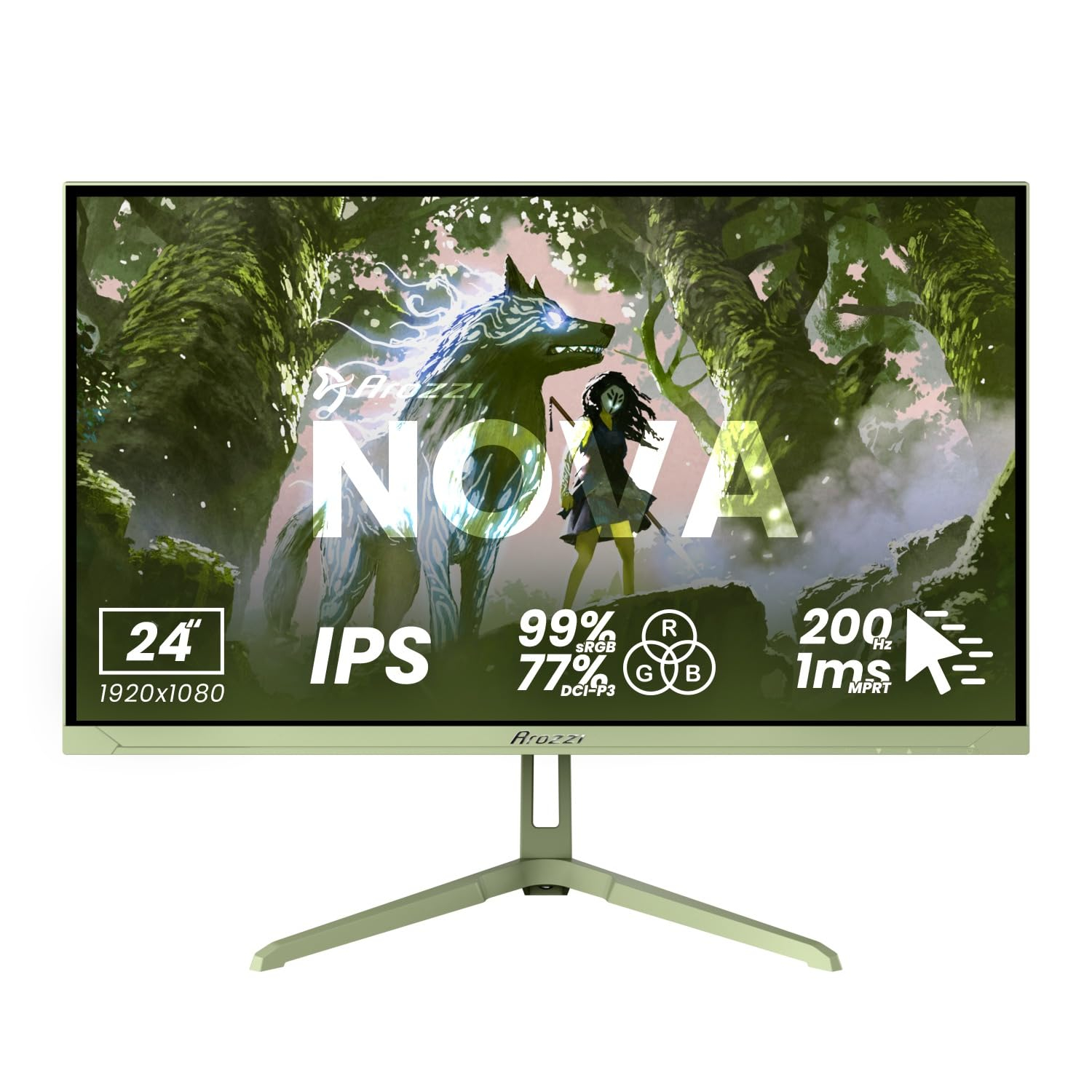 Arozzi Nova 24" Monitor Gaming IPS FHD 200 Hz, 1 ms, FreeSync, HDR, Altavoces Integrados – Forest Green