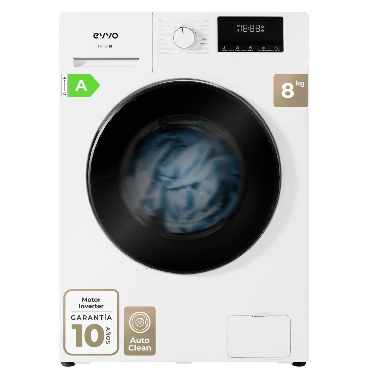 EVVO Lavadora 10-7 kg carga frontal Terra N, 1400 rpm, Clase energética A, Motor eDRIVE inverter, 16 programas