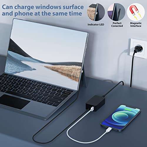 Cargador Surface 65W, 15V 4A + USB-A, Adaptador de Corriente para Microsoft Surface Pro, Laptop Go, Surface Book, Surface Laptop y Luz LED