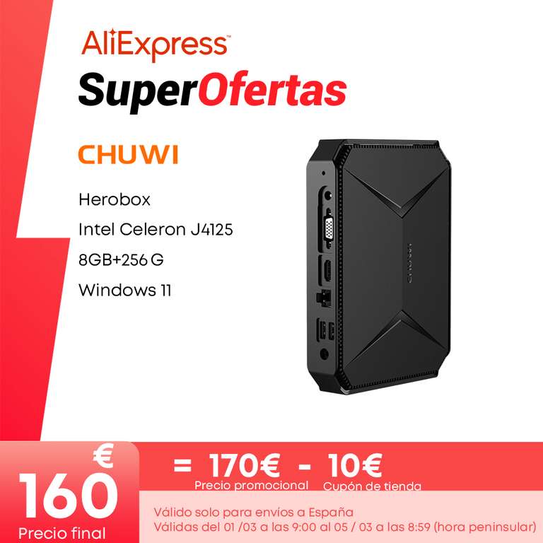 CHUWI-Mini PC Herobox, Intel Celeron J4125, Quad Core, 8GB RAM, 256G SSD, S.O Windows 11, wtih, HD, LAN, con puerto VGA (desde España)