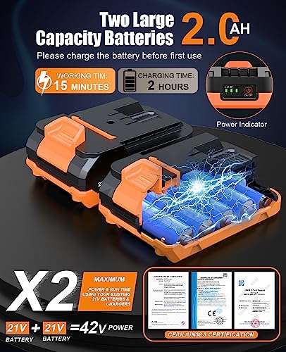 Desbrozadora Bateria 21V,con 2 Baterías 2.0Ah,2 Cuchillas,2 Bobina de Hilo de 5 m,Mango Ajustable, Tubo Telescópico, Cabezal Pivotante 90°