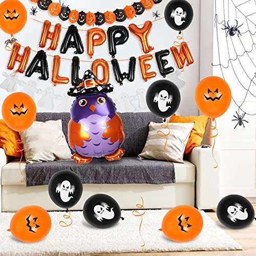 Pack Halloween 37 piezas: 1 pancarta de globos + 2 guirnaldas + 20 globos + 1 globo búho + 12 piezas decoración pastel + 1 cinta