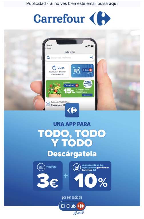 Descárgate la app Carrefour + 3€ + 10% gasolina