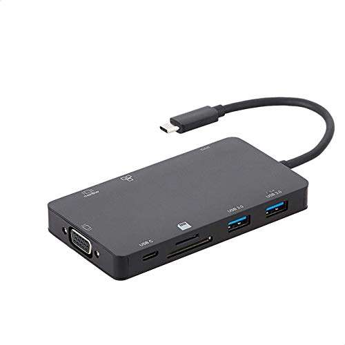 Amazon Basics – Estación de acoplamiento tipo C USB 3.1 de aluminio con HDMI, VGA, Ethernet, 2 USB-A, lector de tarjetas SDTF