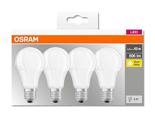 Juego de 4, Osram Lámpara LED, blanco cálido, E27, 8.5W